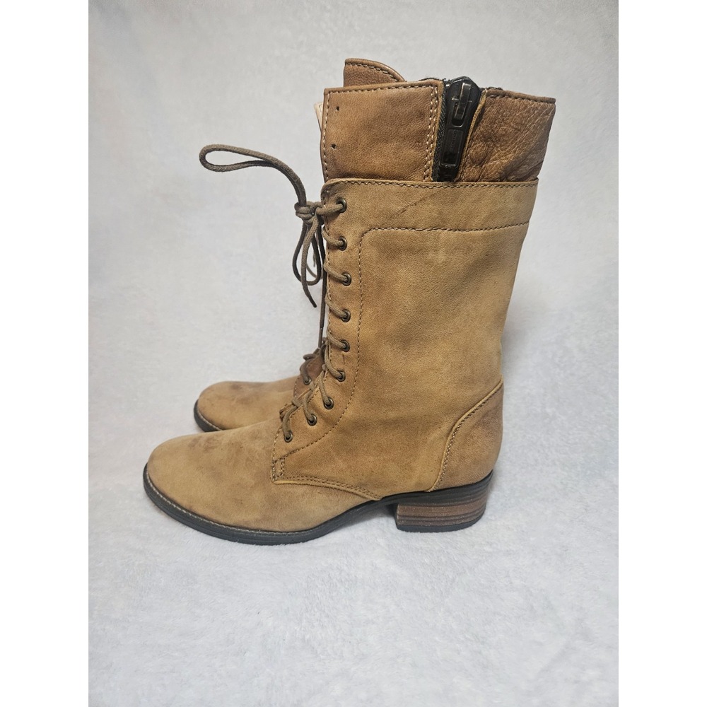 Steve Madden Troopa Combat Boots Beige Leather Lace Up Side Zip Womens 8.5